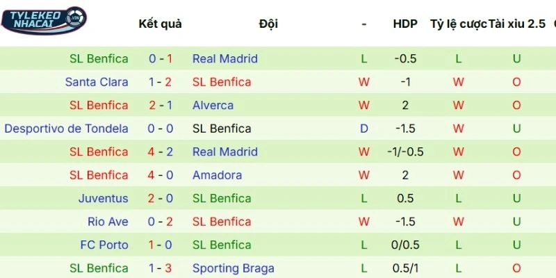 Hiệu suất thi đấu của Benfica